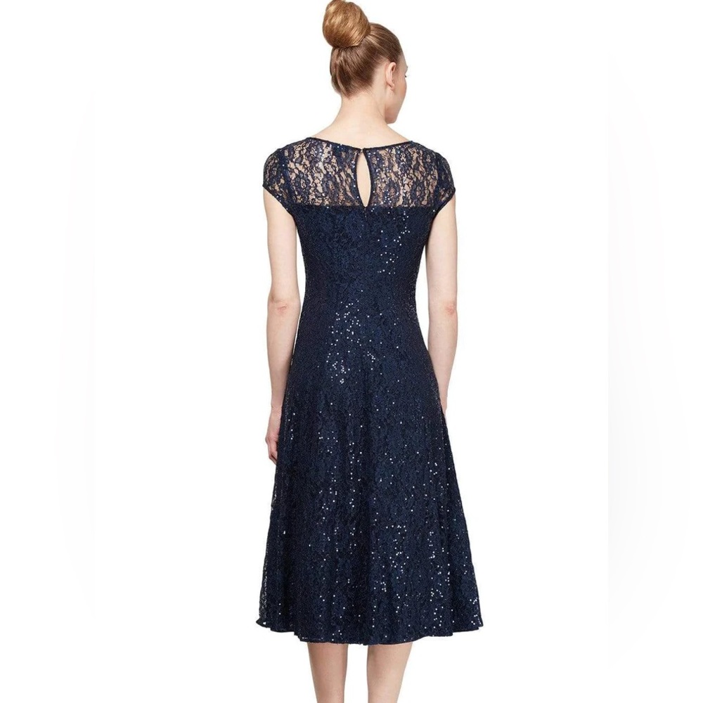 SLNY Tea Length Sequin Lace Dress Navy Sz 12P NEW NWT - Picture 2 of 3